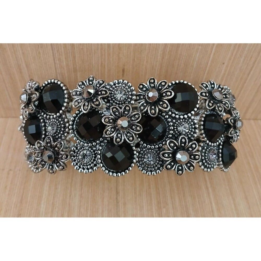 Black Floral Bracelet Goth Metal Rhinestones Stretchy Retro Rock